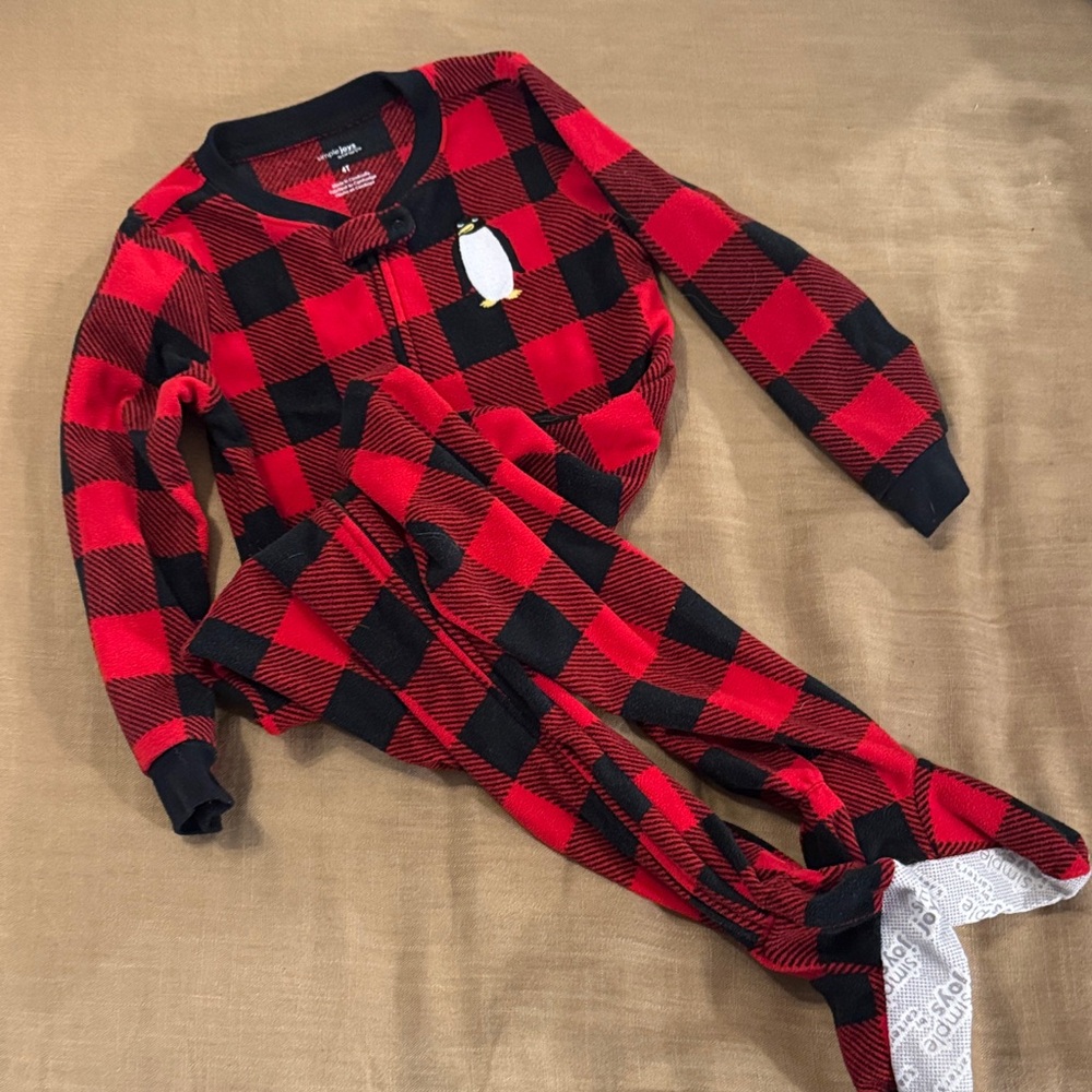 Simple Kids Red and Black Plaid Pajama one piece footie